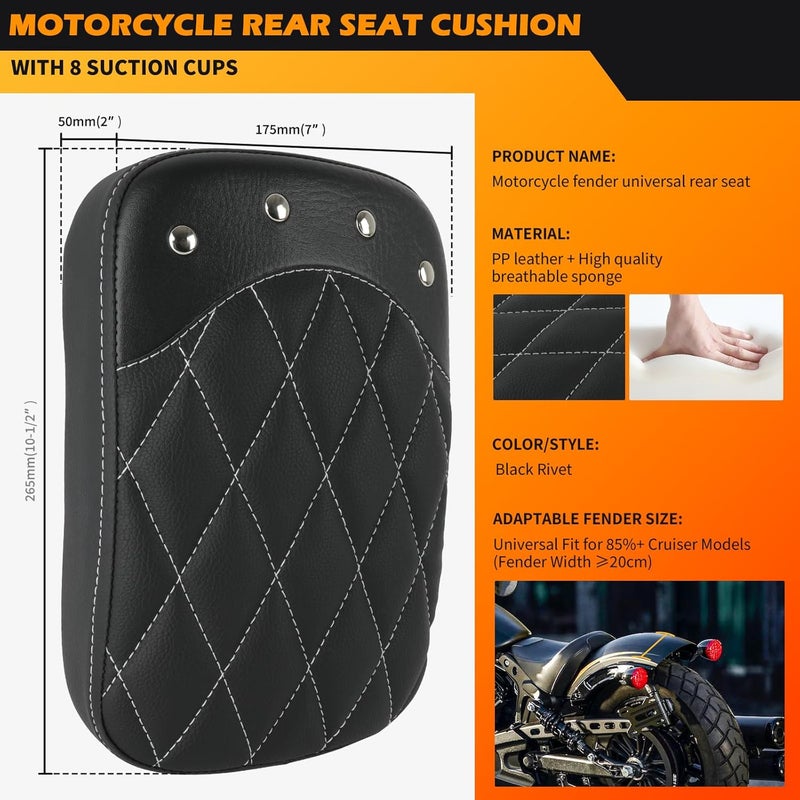 DREAMIZER Universal Black Motorcycle Solo Passenger Seat Rear Cushion 8 Suction Cups Compatible with Harley Davidson Sportster XL 883 1200 Forty Eight Dyna Chopper Bobber Custom (Black-rivet) - Image 5